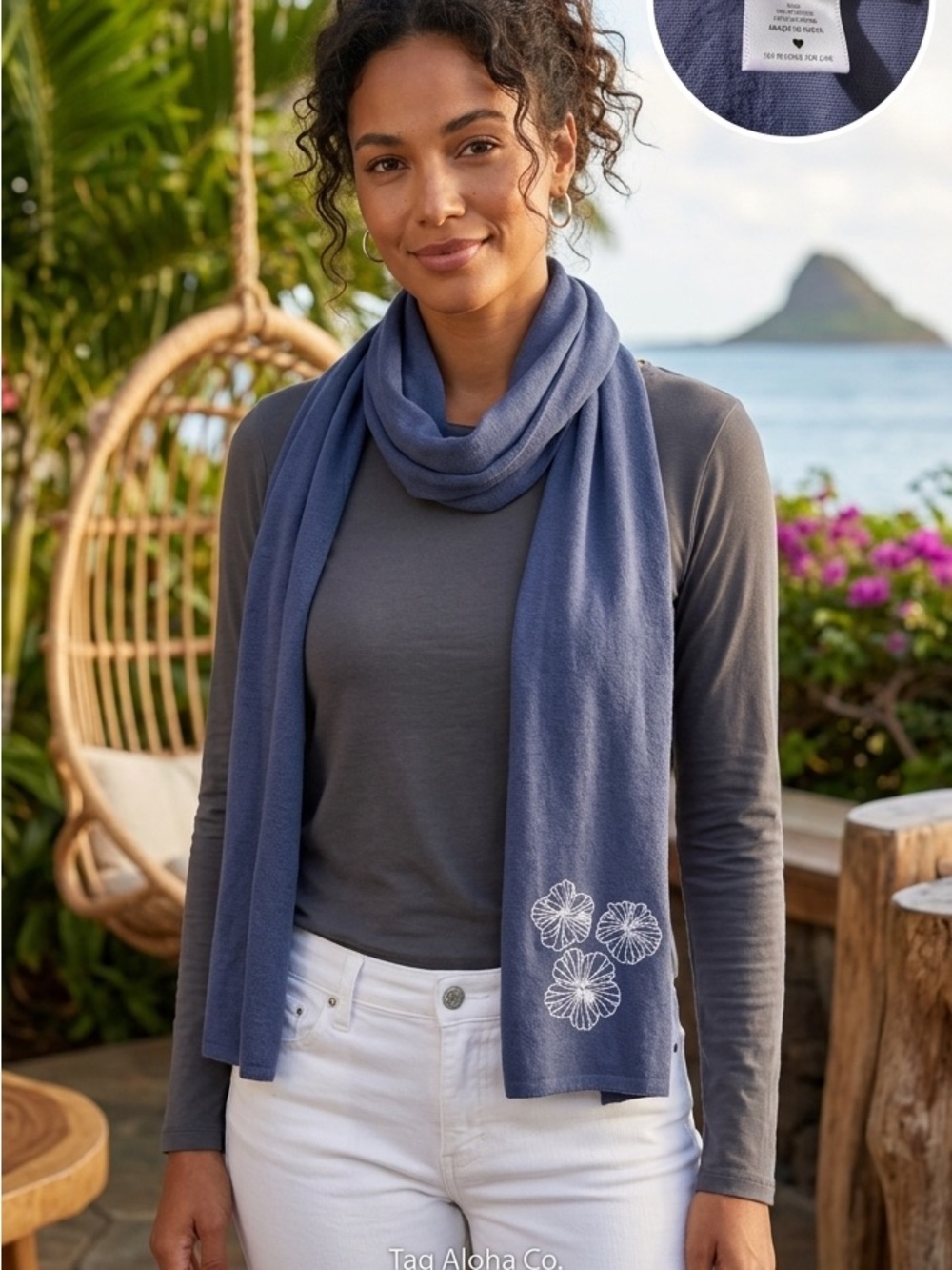Tag Aloha Co. Kailua HI Embroidered Hibiscus Knit Scarf - Slate Blue